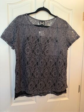 Bordeaux Charcoal Lace Short Sleeve Blouse